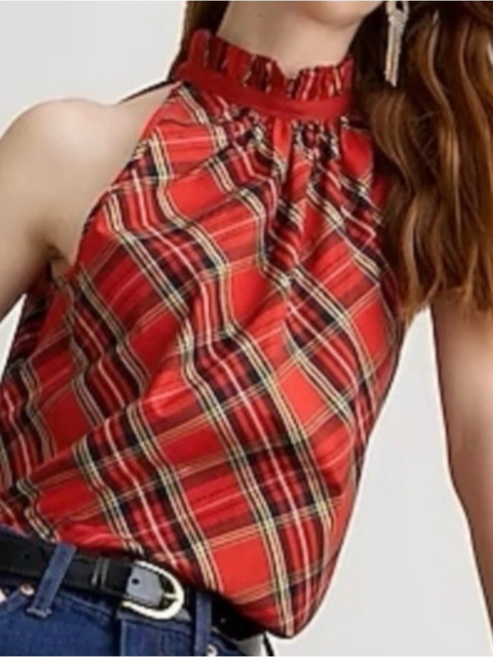 J. Crew Red Plaid Ruffled Neck Tank Top